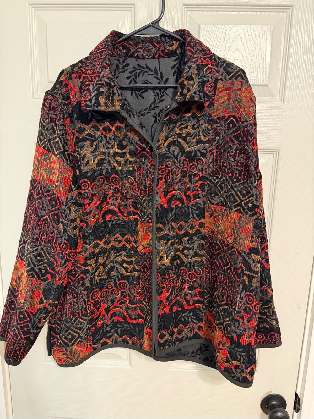 Black Jacket with Red & Brown Abstract Pattern